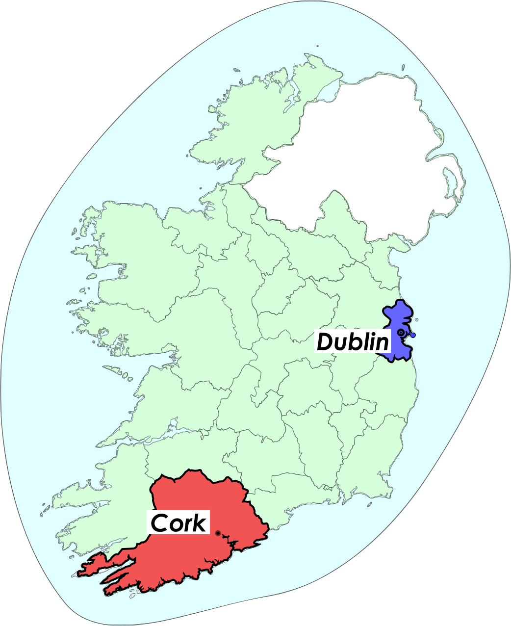 Image of a political map of Ireland, 
                    pointing out to it's capital (Dublin) to middle east and Cork to the south.