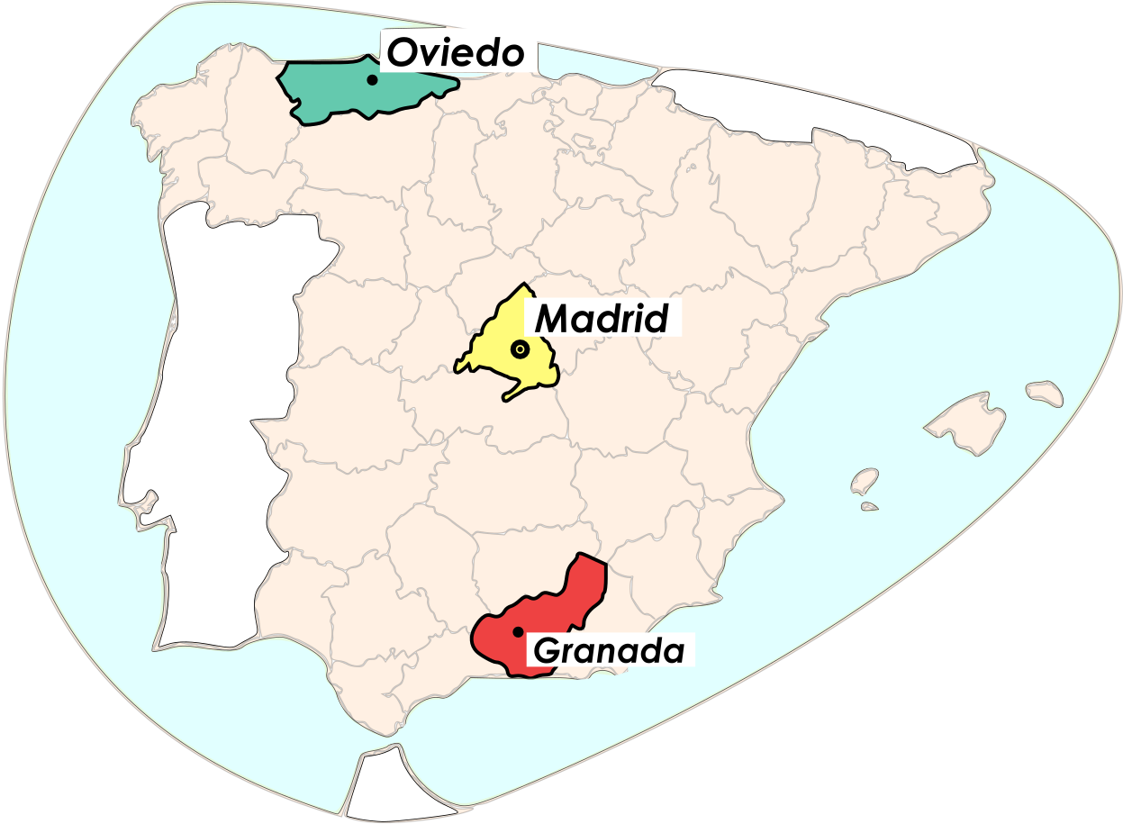 Image of a political map of Spain, pointing out it's capital (Madrid) at 
                    the center, Oviedo to the north and Granada to the south.