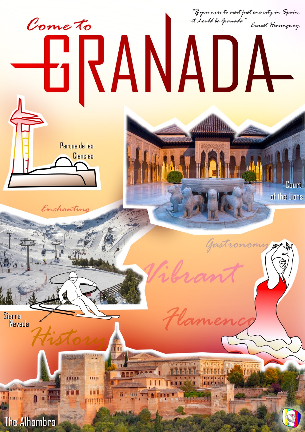 Brochure with title of Granada at the top and various landmarks under it. It has clipped images of The Alhambra, the Court of the Lions and Sierra Nevada. It also has line tracing of a flamenco dancer, the science museum of Granada and a man skying (pasted on top of the image of sierra nevada)